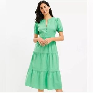 LOFT Puff Sleeve Kelly Green Tiered Midi Dress Size 2